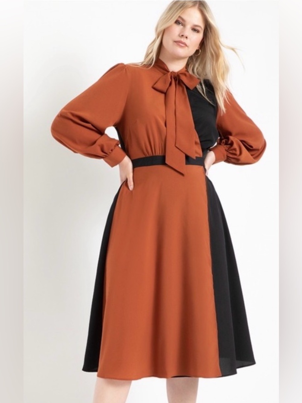 Eloquii Colorblock Dress Long Sleeve Tie-Neck Midi 1960s